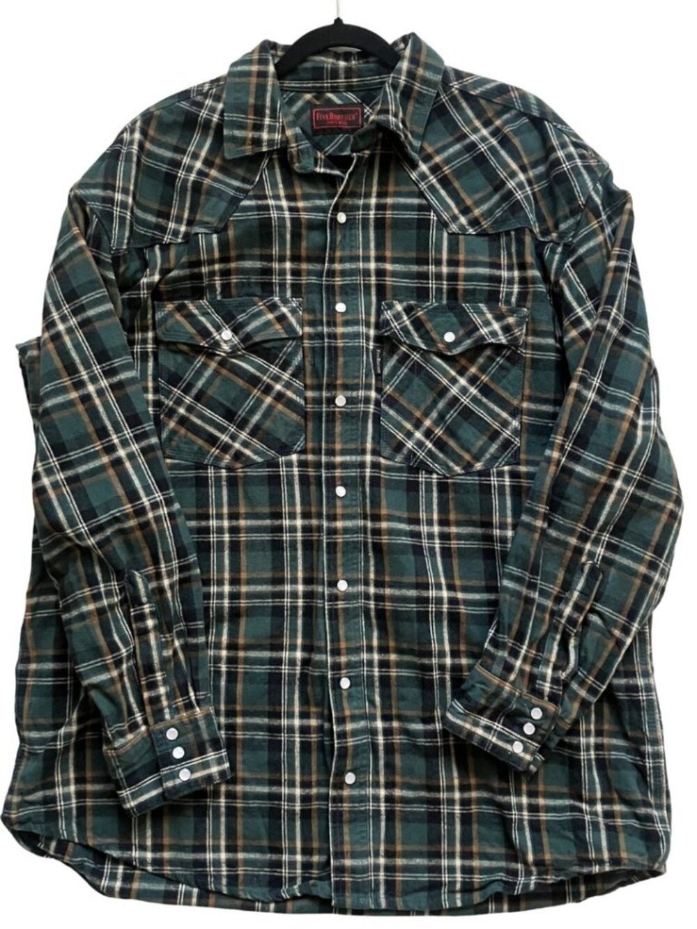 VTG Five Brother Men's Pearl Snap Plaid Flannel Shirt Green & Tan 2XL Tall